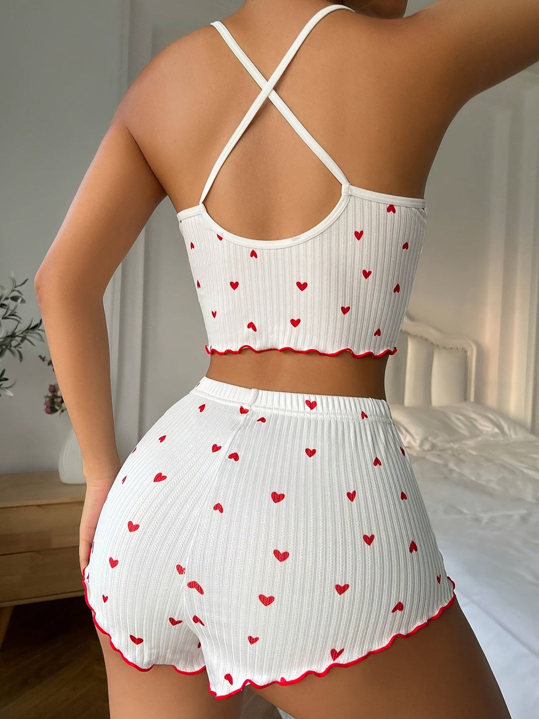 Claire | Heart Print Ruffle Trim Pajama Set